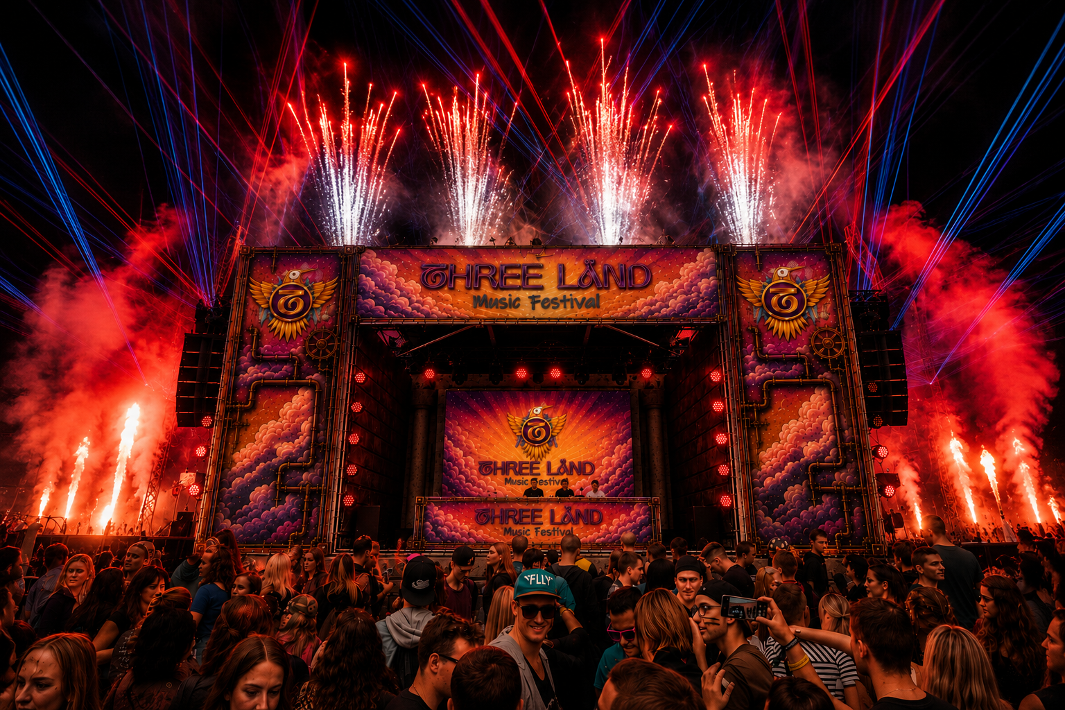 Threeländ Mainstage mit Feuerwerk, Lasern und Publikum